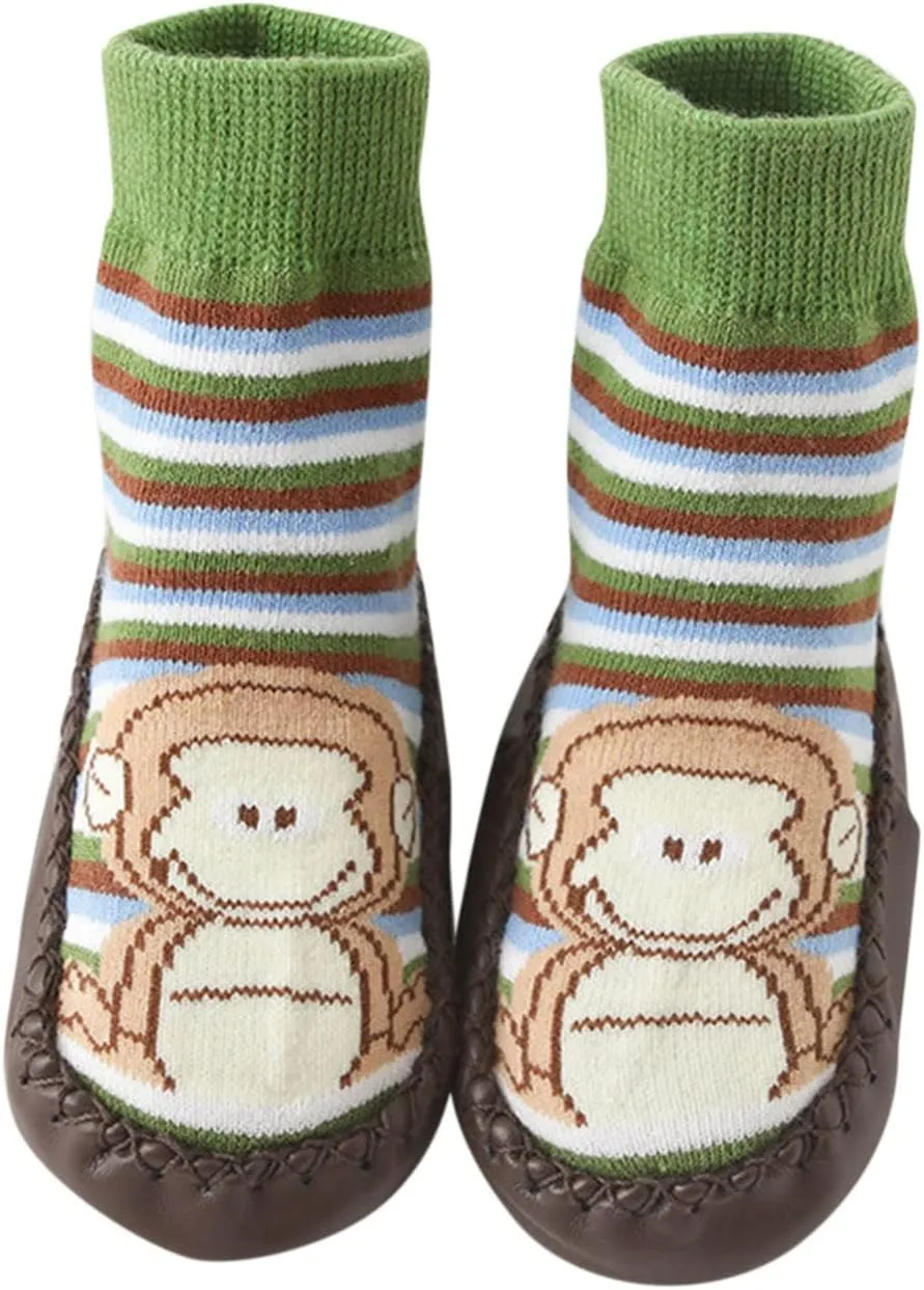 Baby Boys Girls Sock Shoes Kids Low Heel Anmial Prints Knit Cotton Shoes Indoor Floor Shoes Anti Slip Flat Elastic Booties