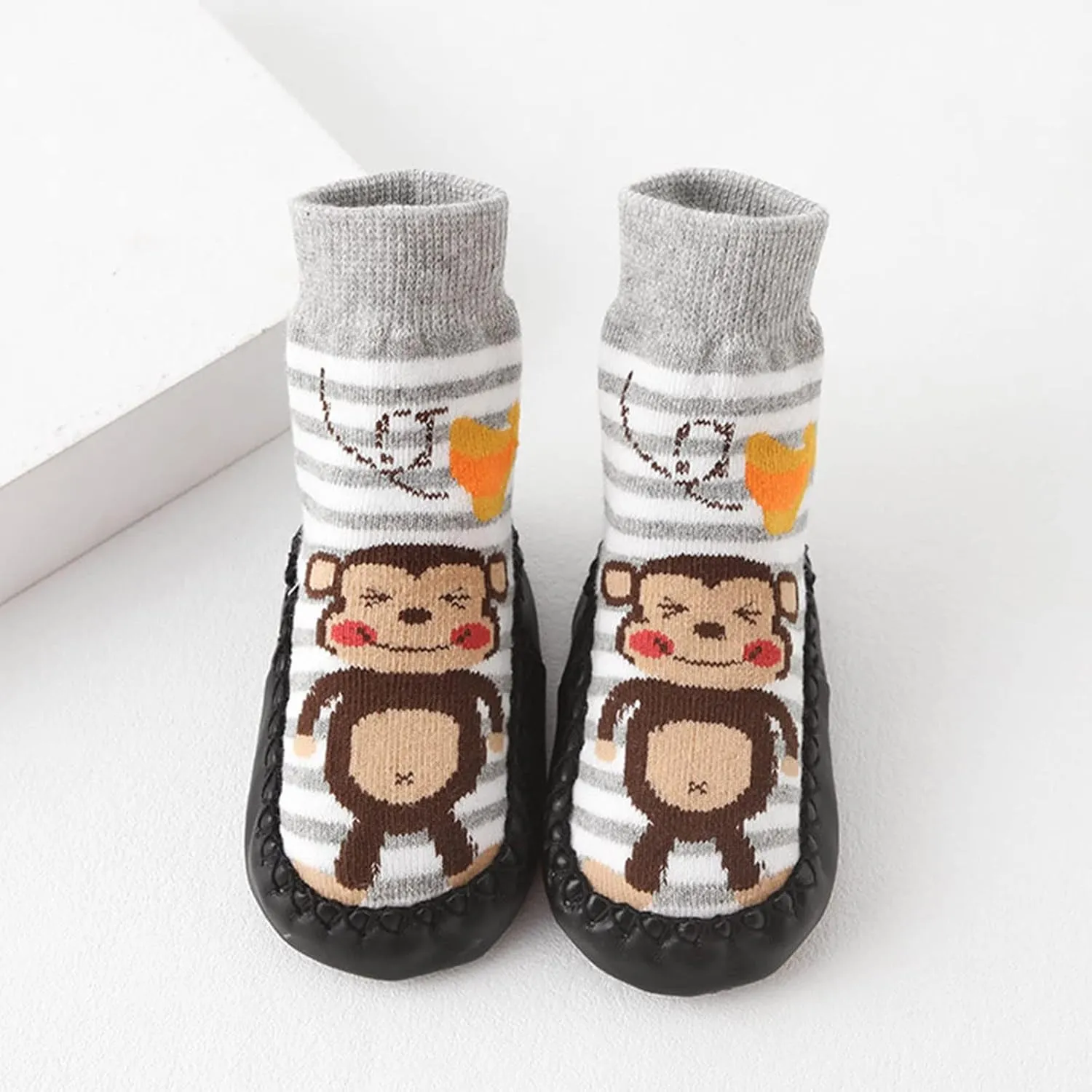 Baby Boys Girls Sock Shoes Kids Low Heel Anmial Prints Knit Cotton Shoes Indoor Floor Shoes Anti Slip Flat Elastic Booties