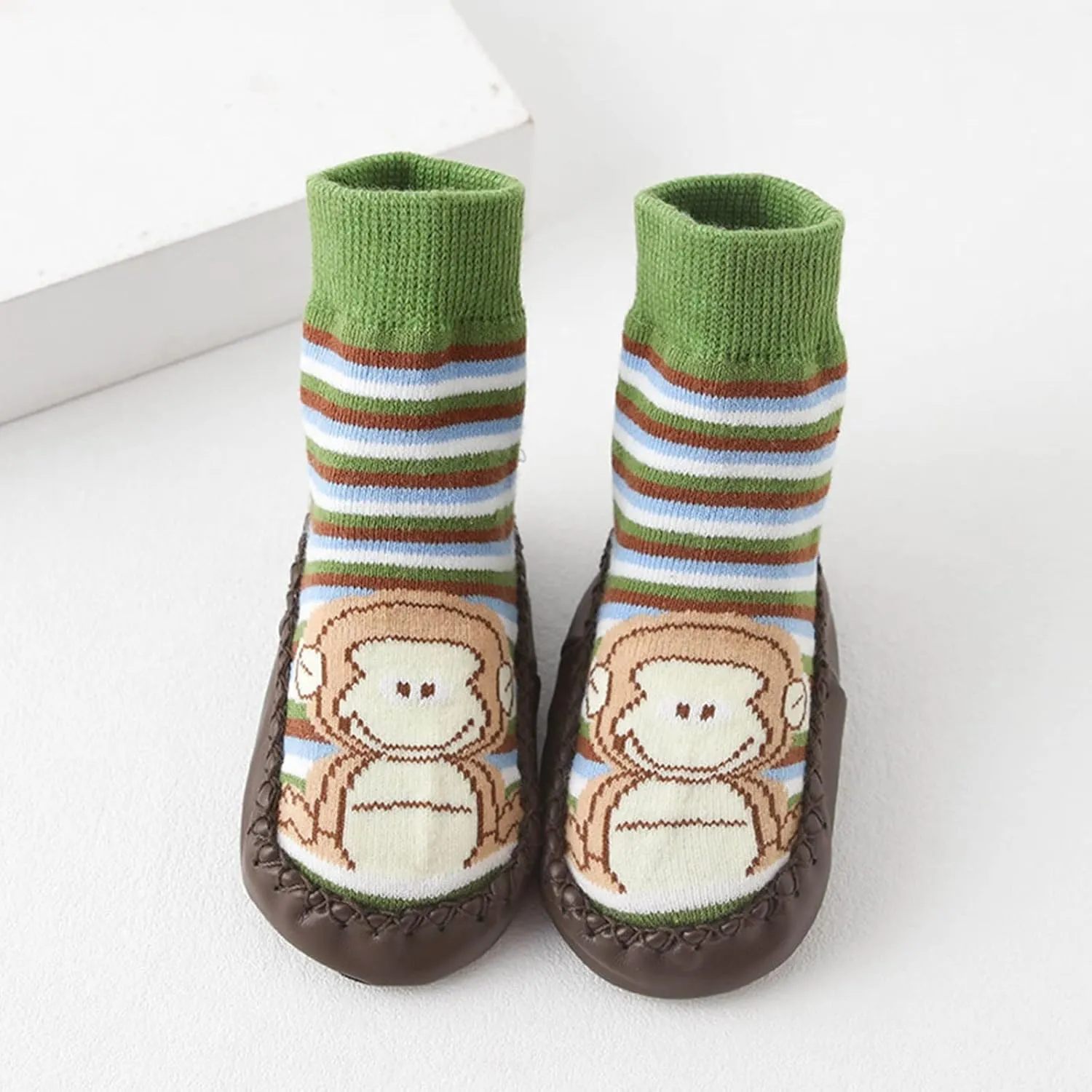 Baby Boys Girls Sock Shoes Kids Low Heel Anmial Prints Knit Cotton Shoes Indoor Floor Shoes Anti Slip Flat Elastic Booties