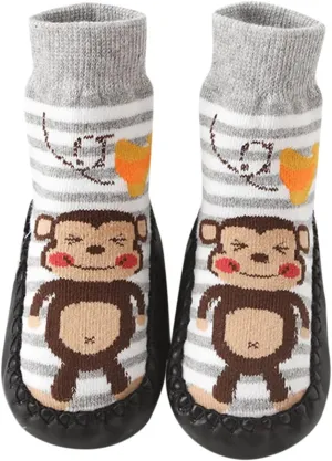 Baby Boys Girls Sock Shoes Kids Low Heel Anmial Prints Knit Cotton Shoes Indoor Floor Shoes Anti Slip Flat Elastic Booties