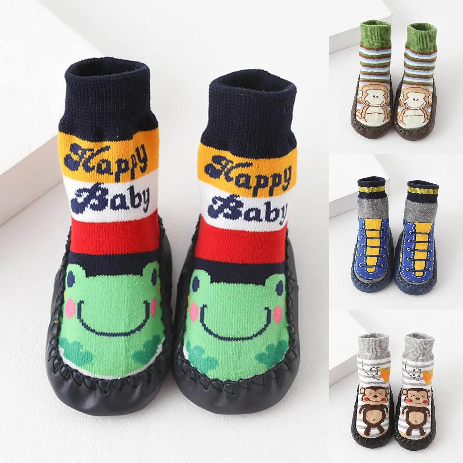 Baby Boys Girls Sock Shoes Kids Low Heel Anmial Prints Knit Cotton Shoes Indoor Floor Shoes Anti Slip Flat Elastic Booties