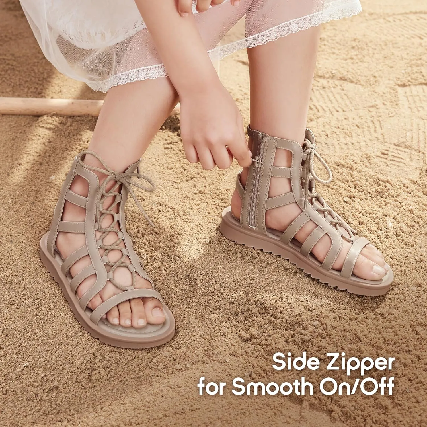 Balabala Girls Sandals Gladiator Fisherman Ankle Strap Flat Sandals with Side Zipper Closure, Casual Beach Sandals for Daily Wear and Summer