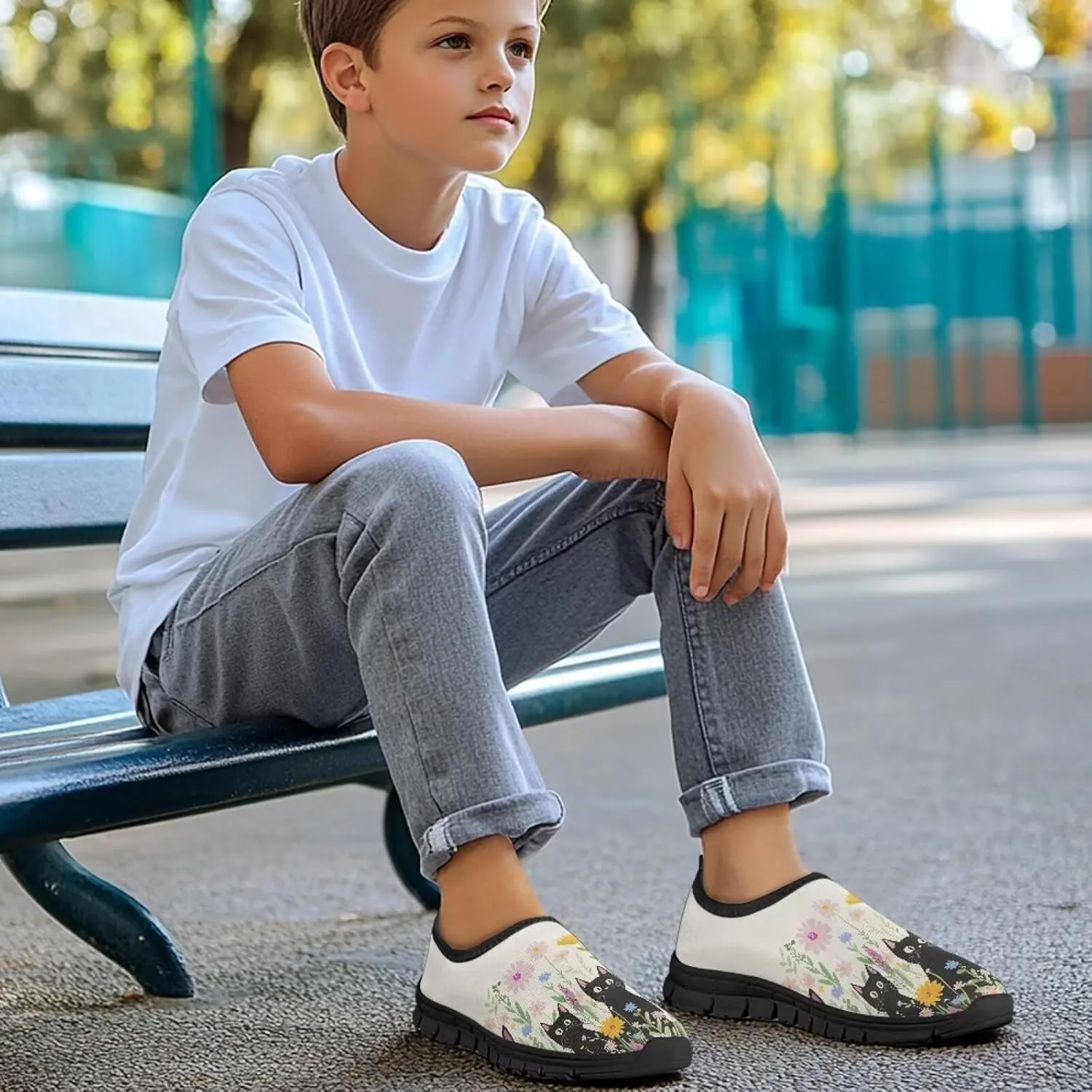 Children Cats Pattern Running Shoes Low-Cut Polyester Fabric Sneakers for Boys Girls Big Kids Little Kids Casual Tennis Shoes