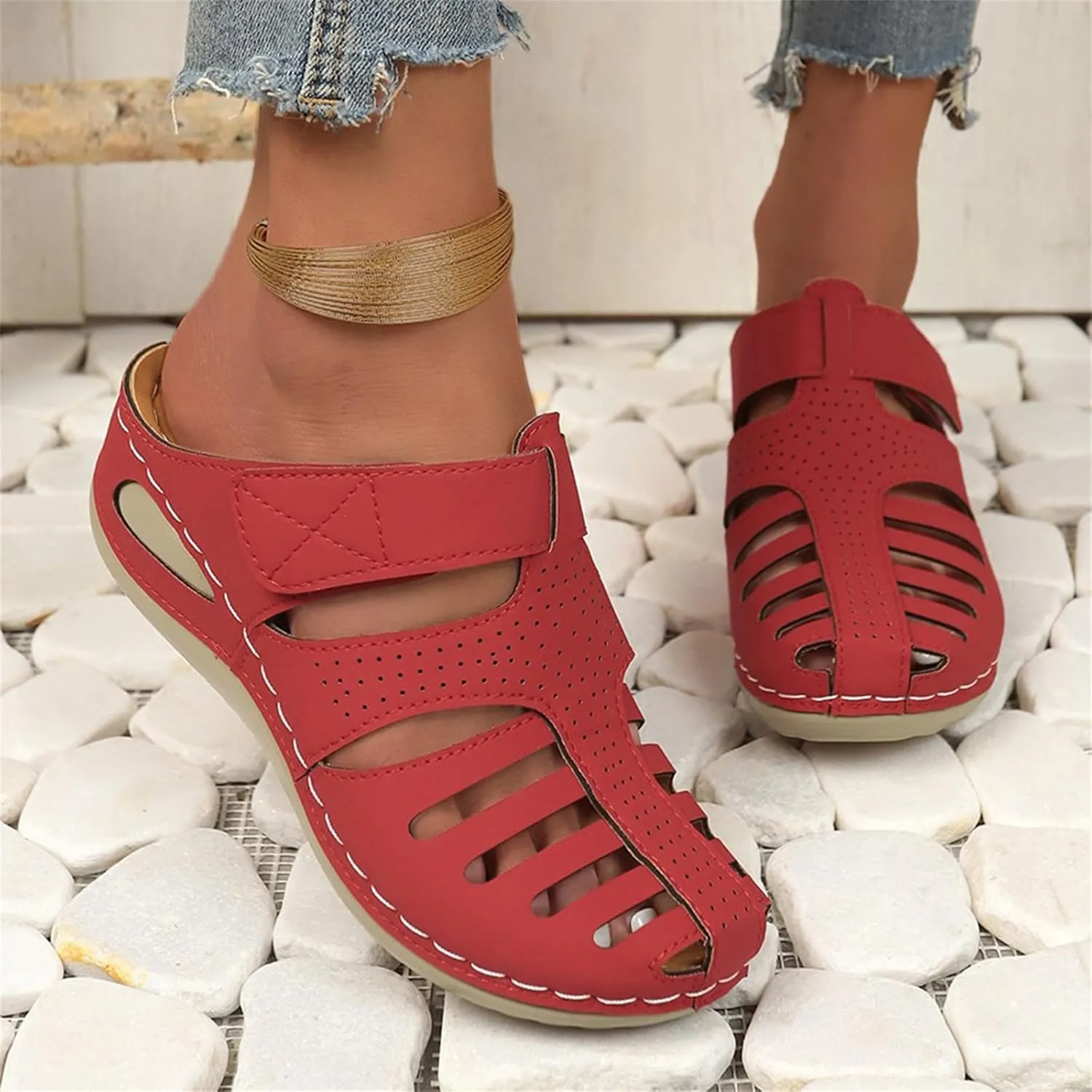 Closed Toe Sandals Women Wide Width Breathable Anti-Slip Orthopedic Sandals with Arch Support Hollow Out Platform Gladiator Buckle Strap Beach Shoes