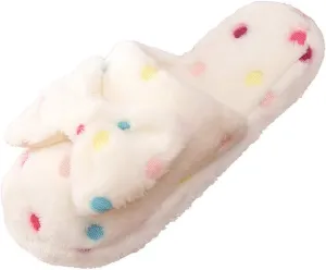 Cozy Plush Slippers Indoor Bow Tie Warm Wool Slippers for Women Slip On Kawaii Non Slip Fluffy Winter Butterfly White