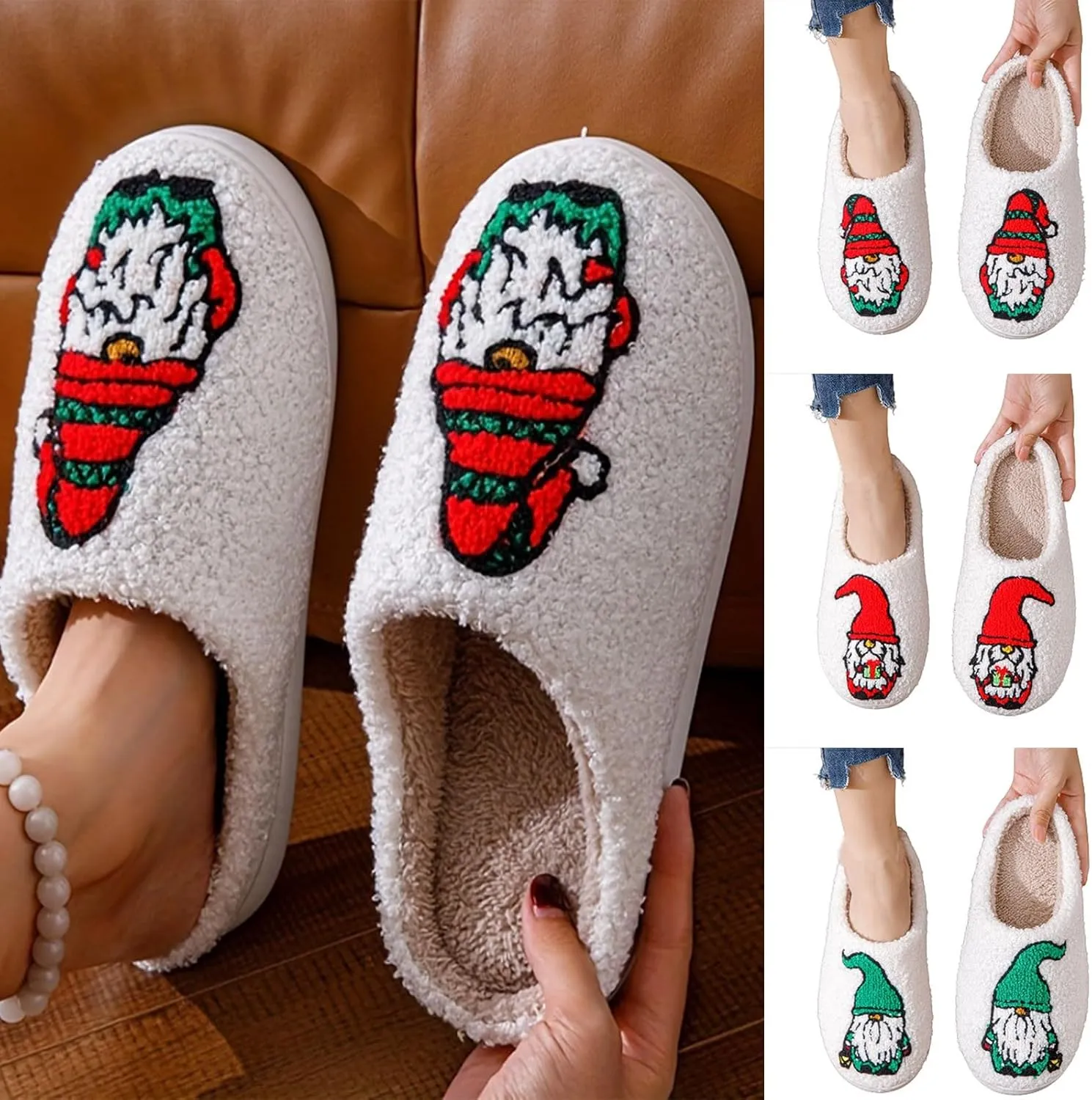 Cute Print Fuzzy Slippers Slip On Soft Sole Flat Warm Plush Shoes Winter Cozy Christmas Shoes for Women Winter Home Slippers Slip-on Indoor Outdoor