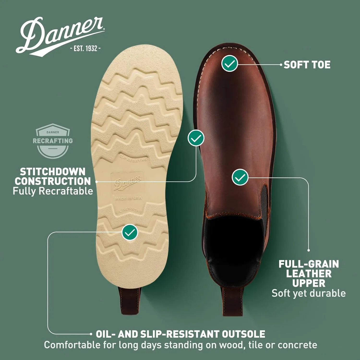 Danner 6 Bull Run Chelsea Work Boots for Men - Oiled Full-Grain Leather Upper with Mesh Lining, 3-Density Cushion Footbed, and Non Slip Wedge Outsole