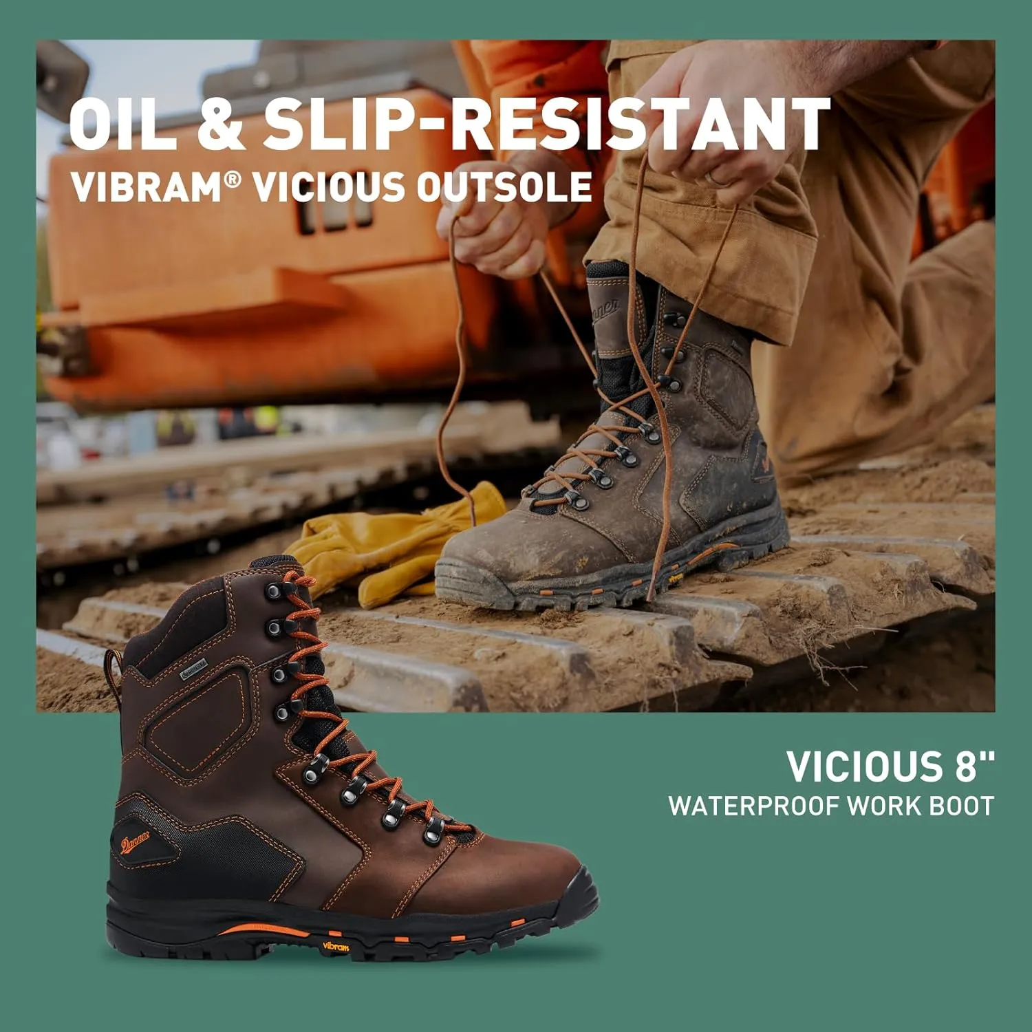 Danner Vicious 8 Waterproof Work Boots for Men - Full-Grain Leather with Breathable Gore-Tex Lining, Speed Lace System & Non Slip Heeled Outsole