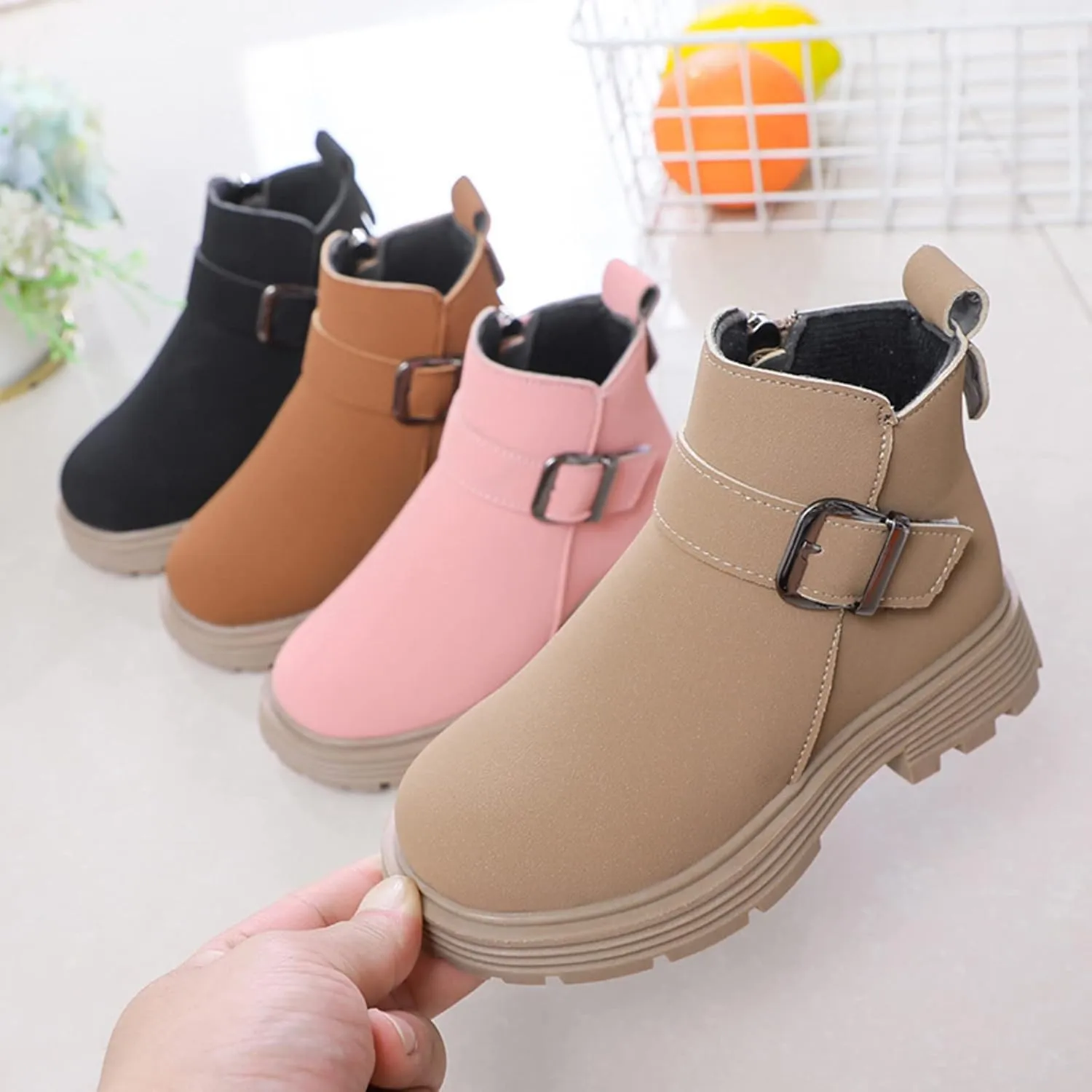 Girls Ankle Boots Scrub Leather Buckle aterproof ombat Shoes with Side Zipper for Toddler/Little Kid/Big Kid