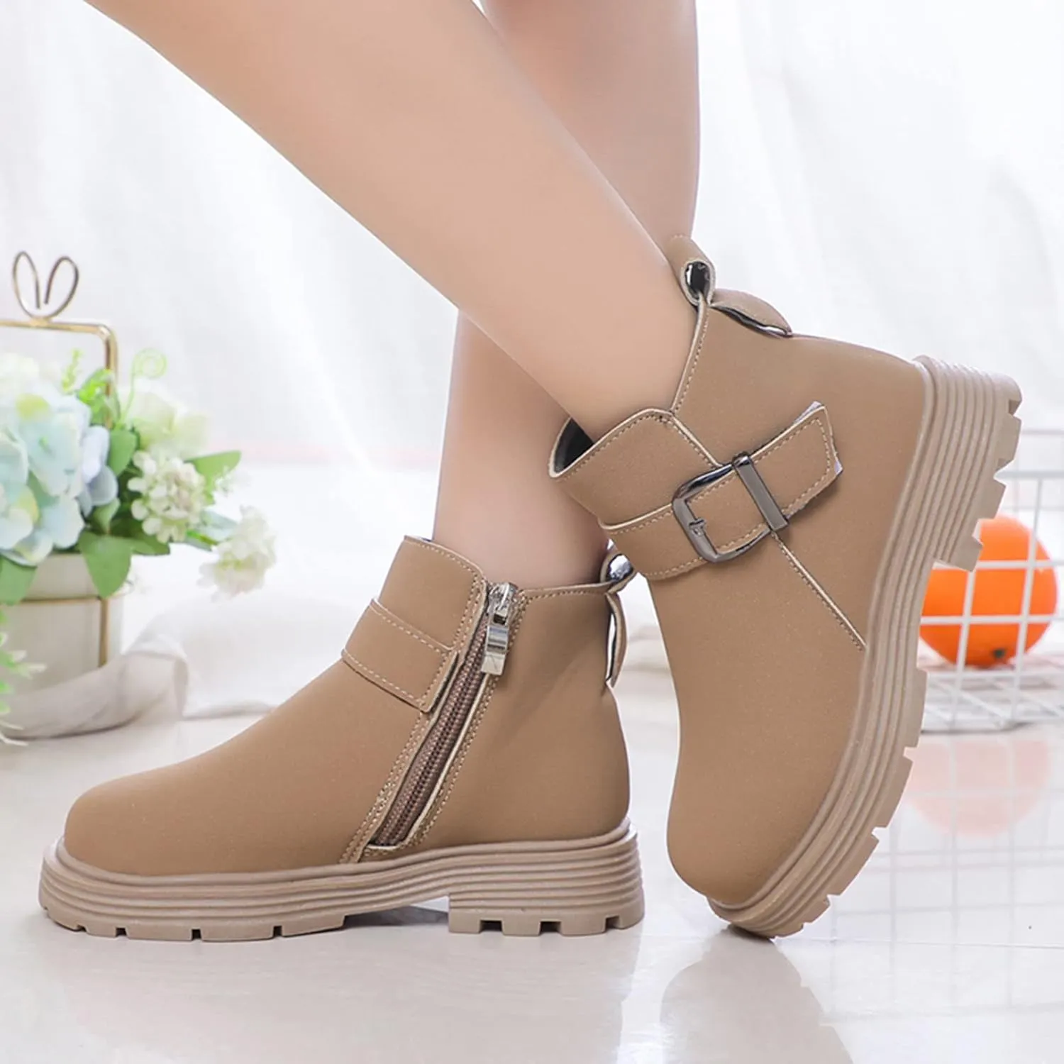 Girls Ankle Boots Scrub Leather Buckle aterproof ombat Shoes with Side Zipper for Toddler/Little Kid/Big Kid
