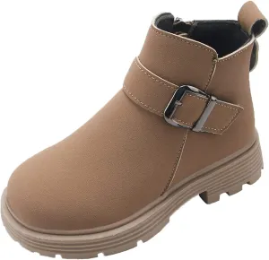 Girls Ankle Boots Scrub Leather Buckle aterproof ombat Shoes with Side Zipper for Toddler/Little Kid/Big Kid