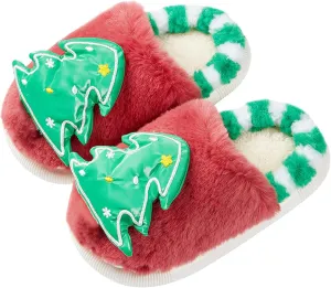 Girls Boys Christmas Cute Cartoon Slippers for Kids Fuzzy Indoor Non Slip Slippers Embroidered Tree House Shoes