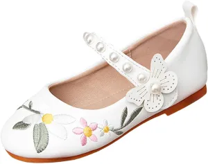 Girls White Shoes Embroidered Cute Children's Shoes Little Girl Bow Pearl Flat Size 2 Girls Sandles for