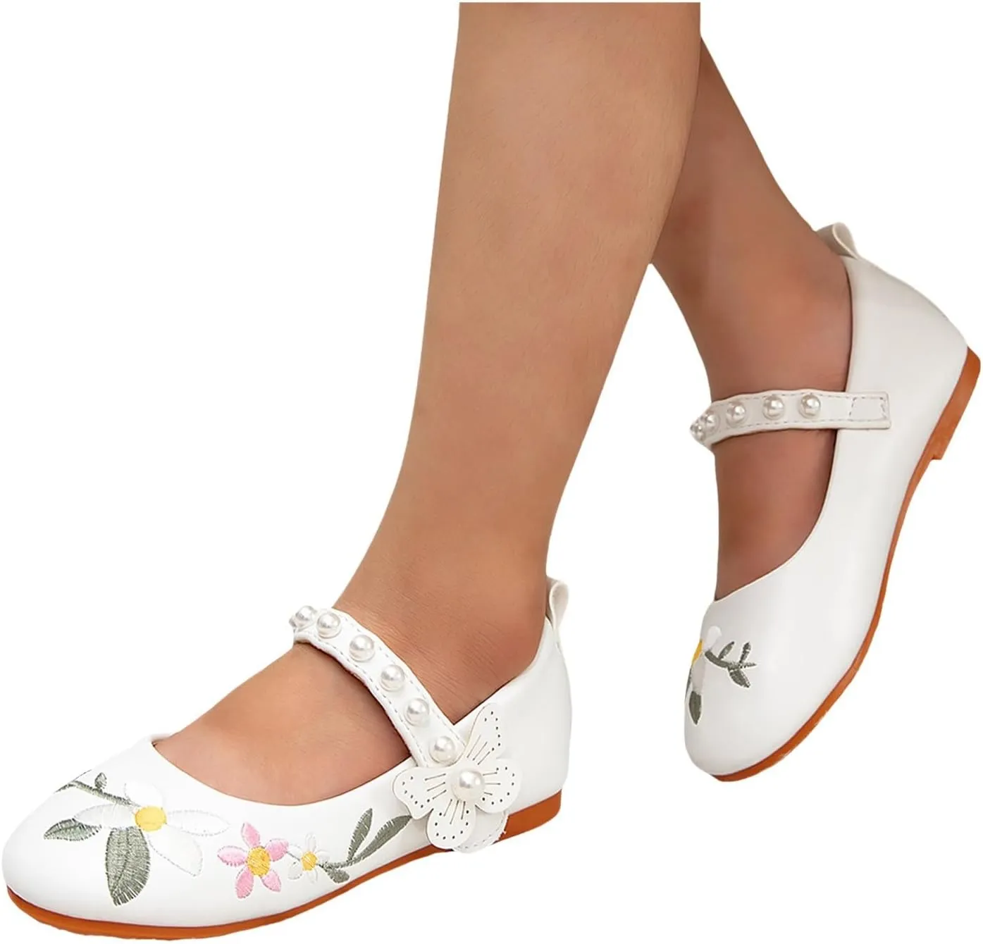 Girls White Shoes Embroidered Cute Children's Shoes Little Girl Bow Pearl Flat Size 2 Girls Sandles for