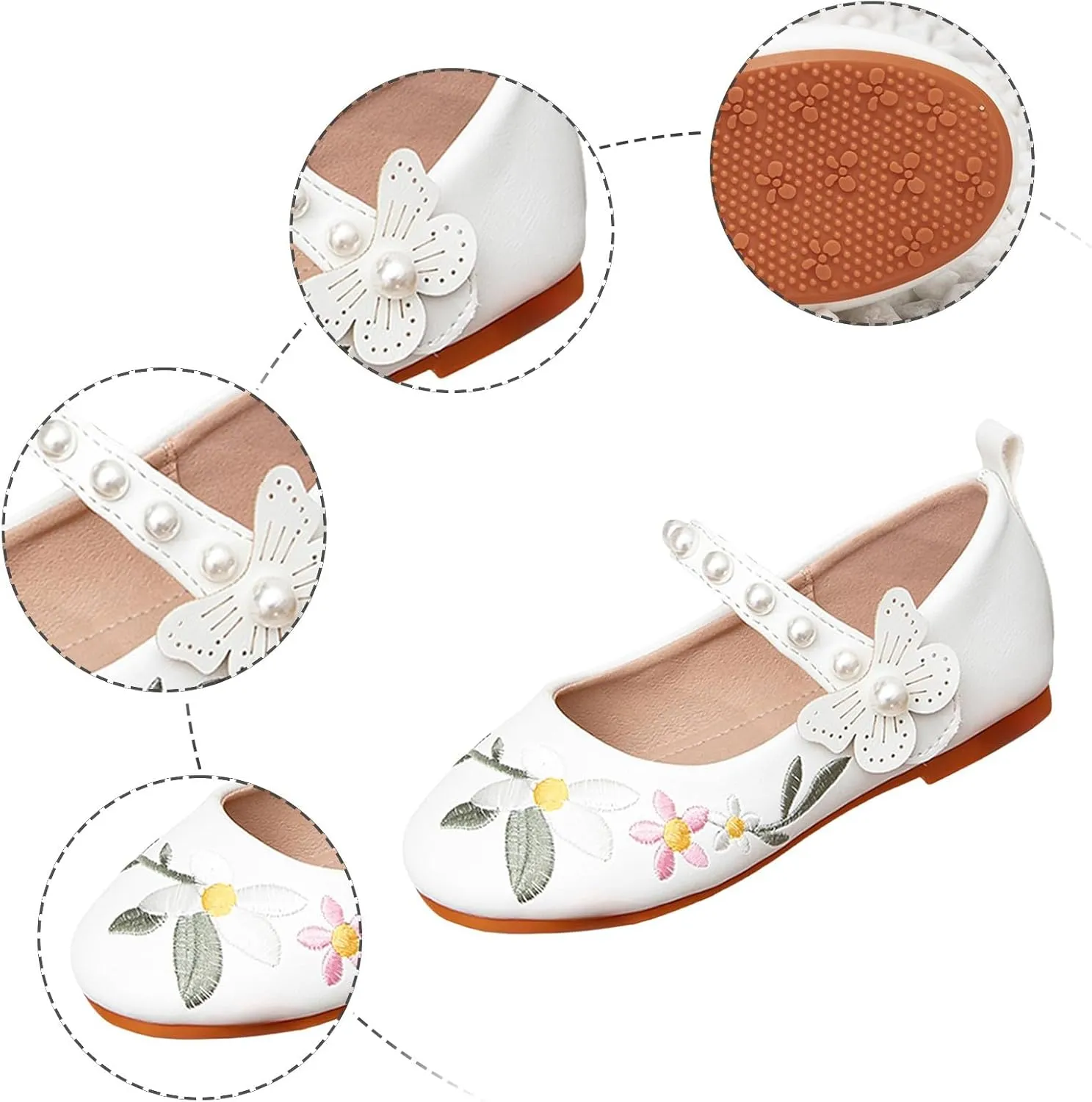 Girls White Shoes Embroidered Cute Children's Shoes Little Girl Bow Pearl Flat Size 2 Girls Sandles for