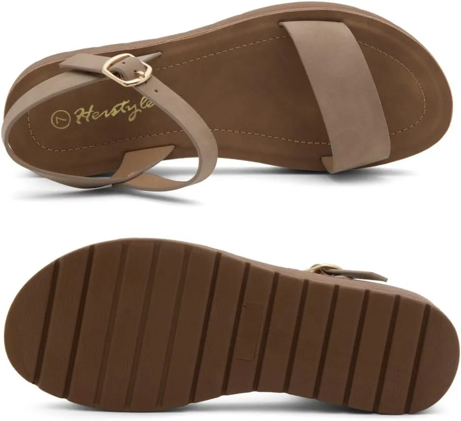 Herstyle Womens Flat Sandals  One Band Ankle Strap Dressy Casual Sandals with Cushioned Footbed | Comfortable Open Toe Walking Shoes for Summer & Daily Wear