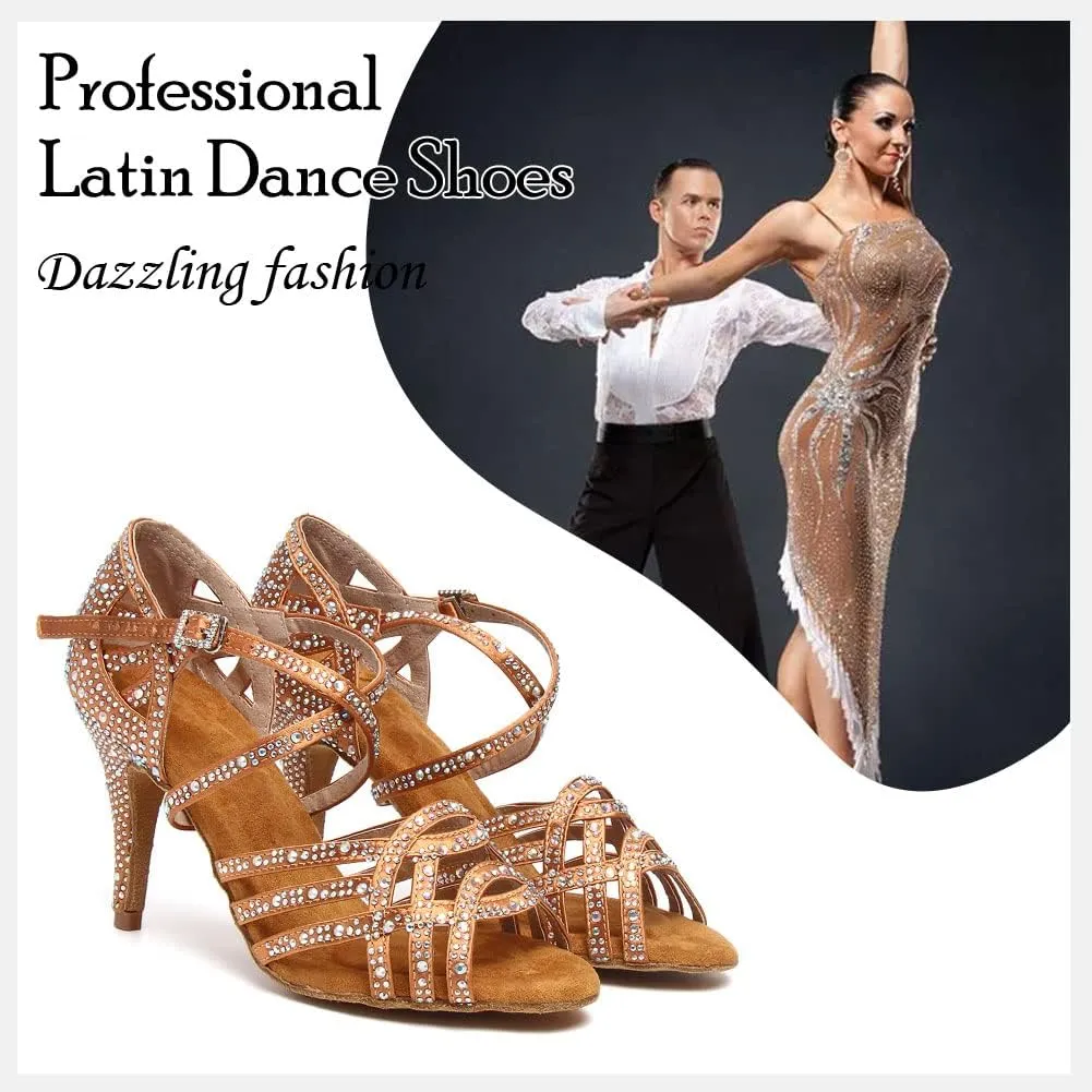 HIPPOSEUS Women's Latin Dance Shoes Shiny Rhinestones Ballroom Party Salsa Performance Dance Shoes Open Toe,Model L357