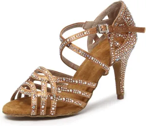 HIPPOSEUS Women's Latin Dance Shoes Shiny Rhinestones Ballroom Party Salsa Performance Dance Shoes Open Toe,Model L357