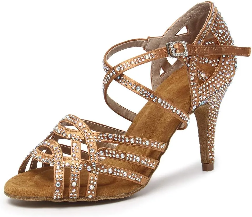HIPPOSEUS Women's Latin Dance Shoes Shiny Rhinestones Ballroom Party Salsa Performance Dance Shoes Open Toe,Model L357
