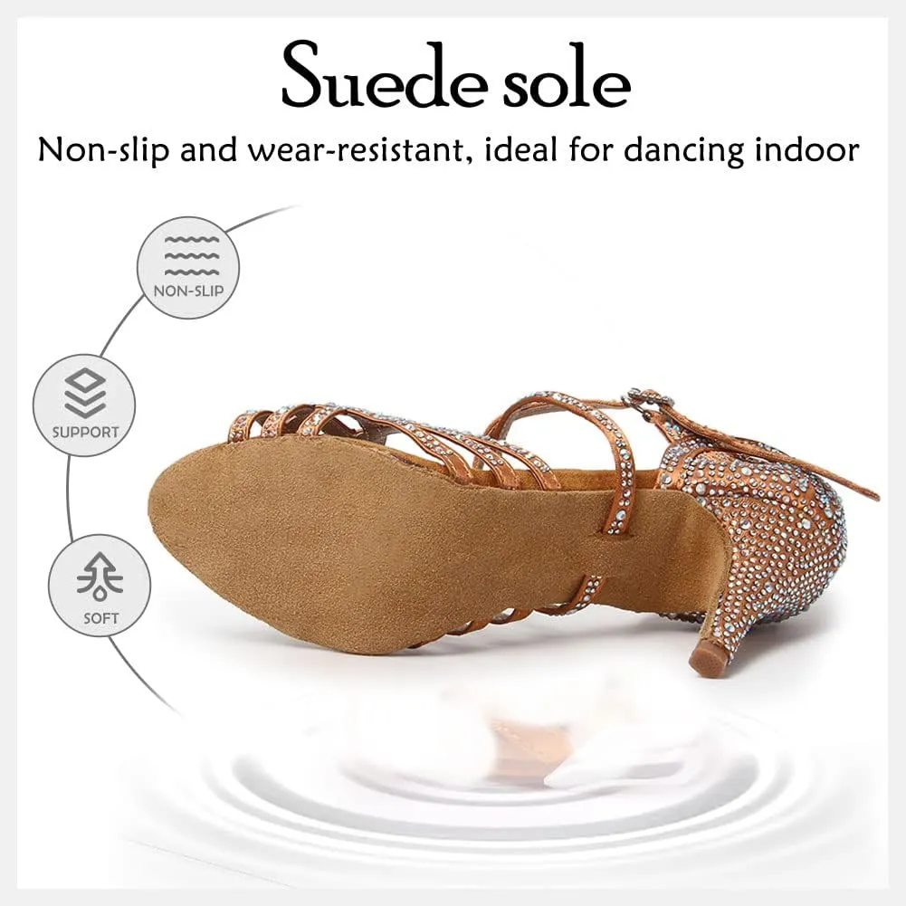 HIPPOSEUS Women's Latin Dance Shoes Shiny Rhinestones Ballroom Party Salsa Performance Dance Shoes Open Toe,Model L357