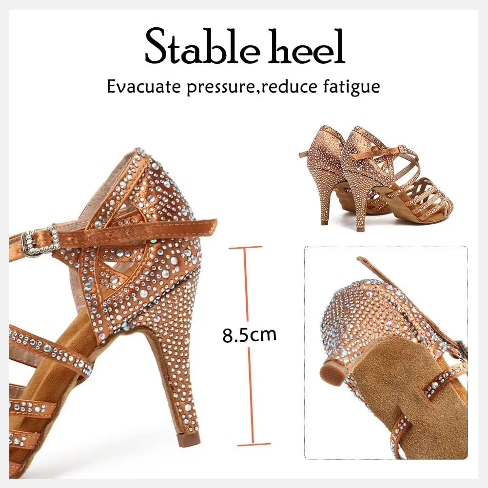 HIPPOSEUS Women's Latin Dance Shoes Shiny Rhinestones Ballroom Party Salsa Performance Dance Shoes Open Toe,Model L357