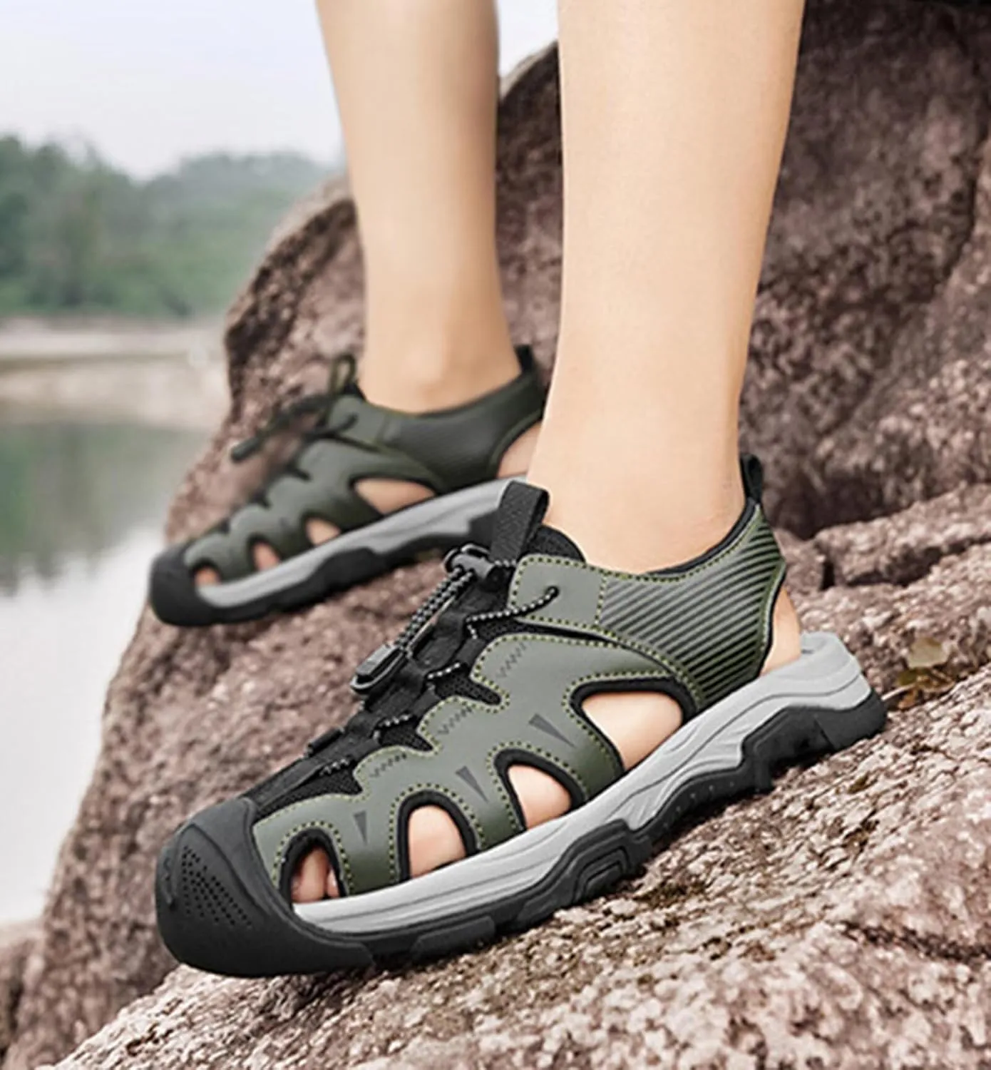 HNVAVQ Men's Athletic Sports Sandals Closed Toe Outdoor Summer Walking Sandals Beach Fisherman Water Shoes
