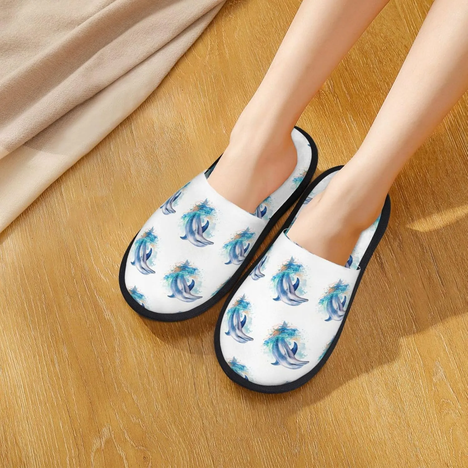 House Slippers For Women Men Indoor Slippers Non-Slip Fuzzy Slippers Dolphin Underwater Tropical Fish Pattern Winter Warm House Shoes