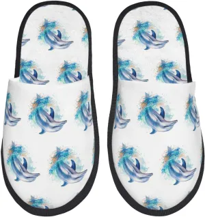 House Slippers For Women Men Indoor Slippers Non-Slip Fuzzy Slippers Dolphin Underwater Tropical Fish Pattern Winter Warm House Shoes