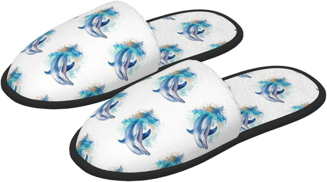 House Slippers For Women Men Indoor Slippers Non-Slip Fuzzy Slippers Dolphin Underwater Tropical Fish Pattern Winter Warm House Shoes