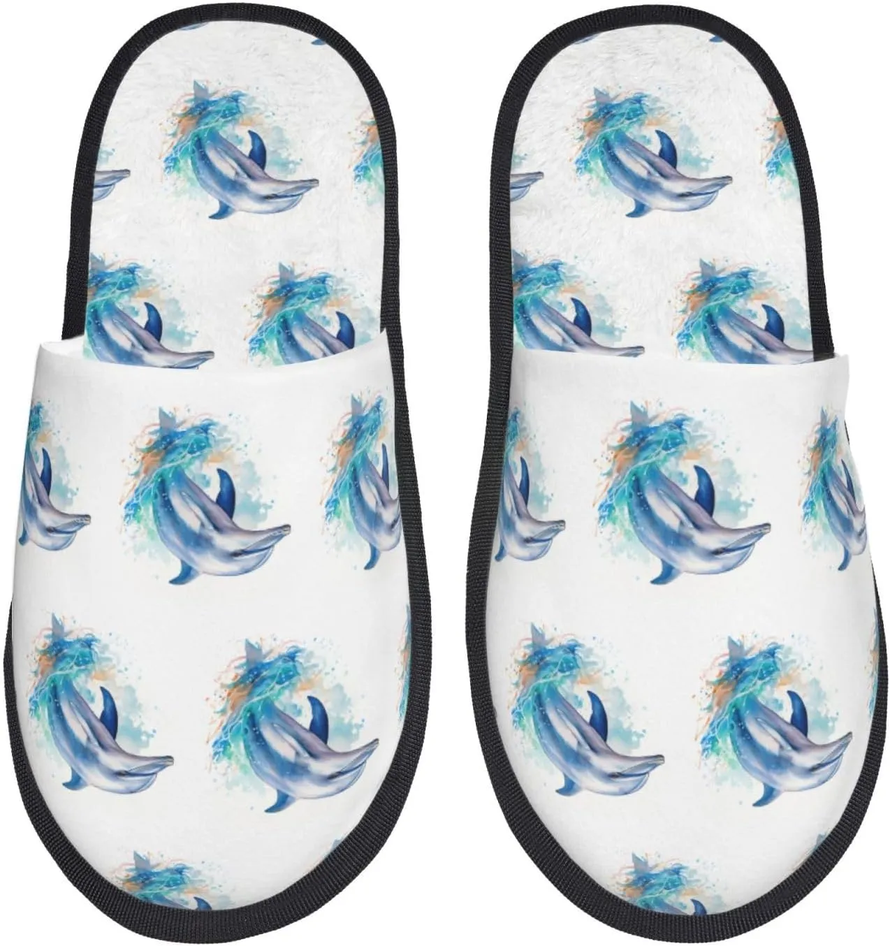 House Slippers For Women Men Indoor Slippers Non-Slip Fuzzy Slippers Dolphin Underwater Tropical Fish Pattern Winter Warm House Shoes