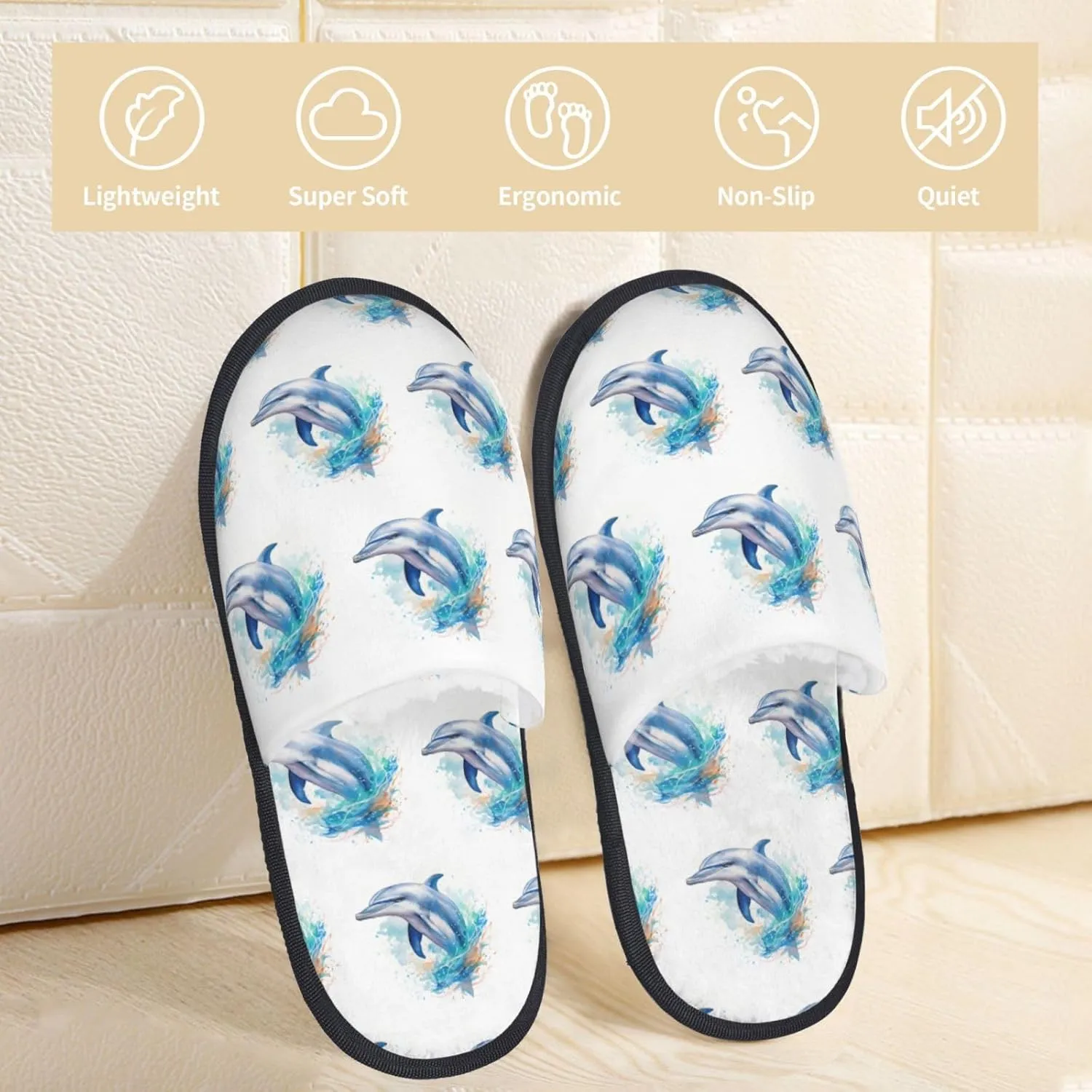 House Slippers For Women Men Indoor Slippers Non-Slip Fuzzy Slippers Dolphin Underwater Tropical Fish Pattern Winter Warm House Shoes
