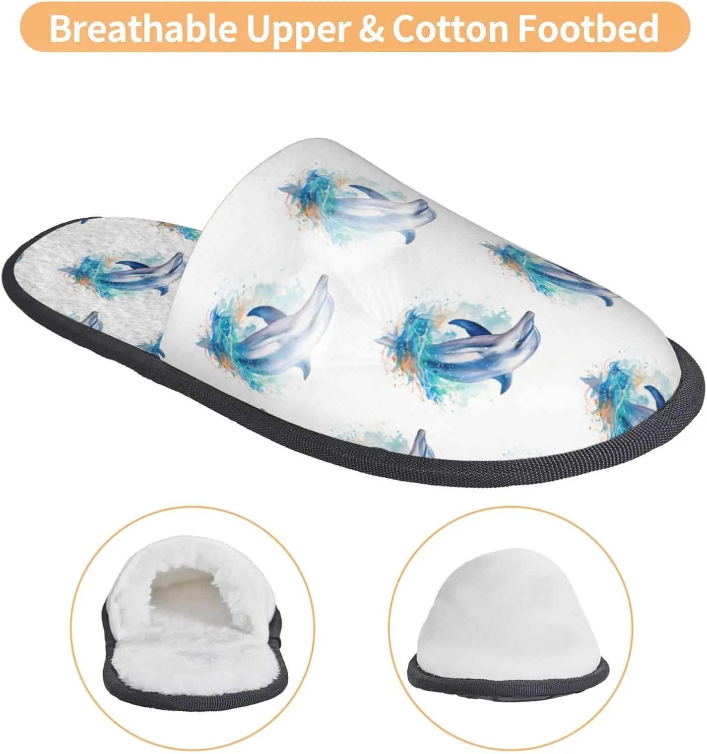 House Slippers For Women Men Indoor Slippers Non-Slip Fuzzy Slippers Dolphin Underwater Tropical Fish Pattern Winter Warm House Shoes
