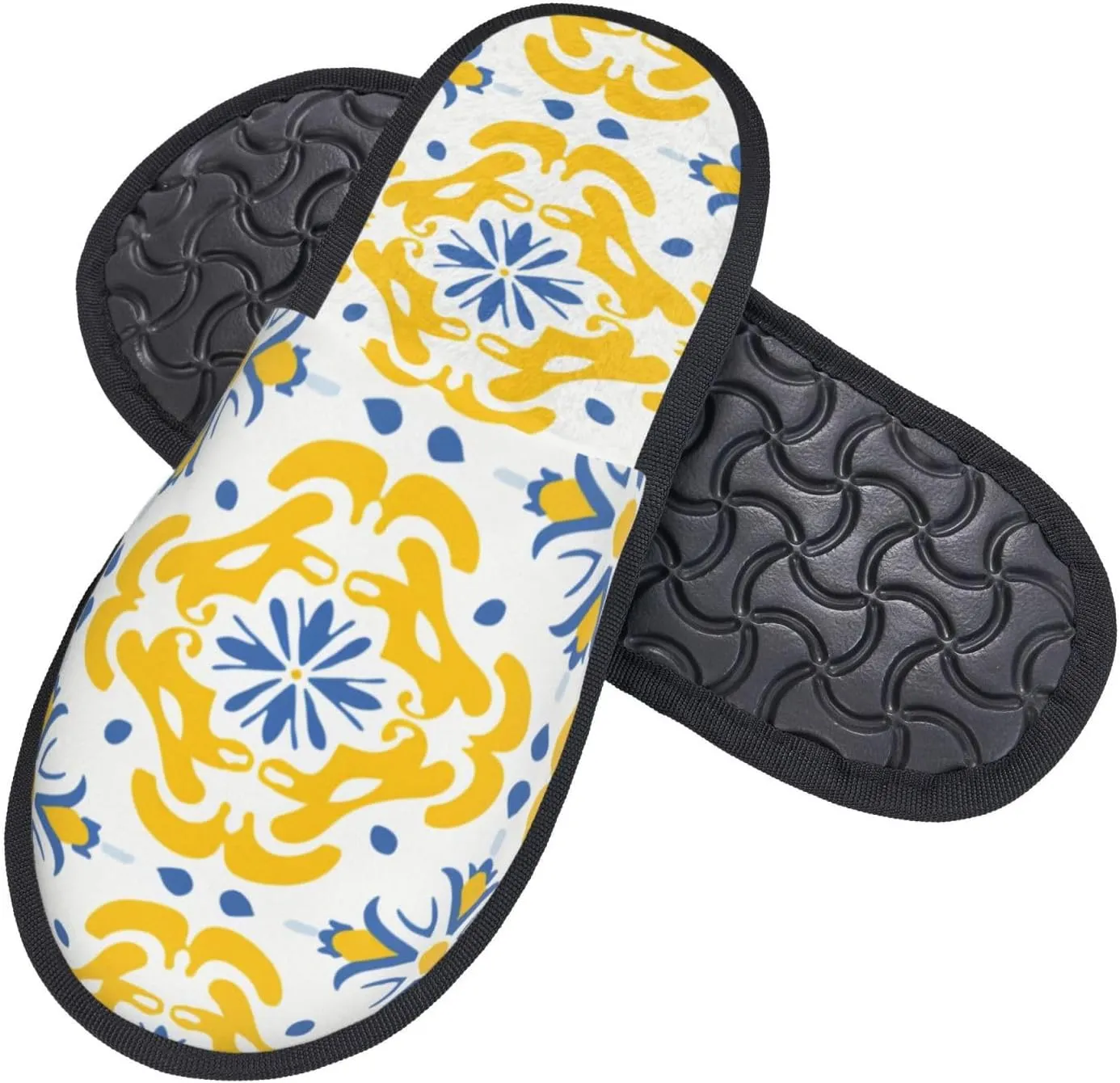 House Slippers For Women Men Indoor Slippers Non-Slip Fuzzy Slippers Yellow Ikat Moroccan Floral Tiles Pattern Winter Warm House Shoes
