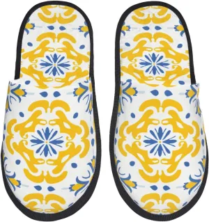 House Slippers For Women Men Indoor Slippers Non-Slip Fuzzy Slippers Yellow Ikat Moroccan Floral Tiles Pattern Winter Warm House Shoes