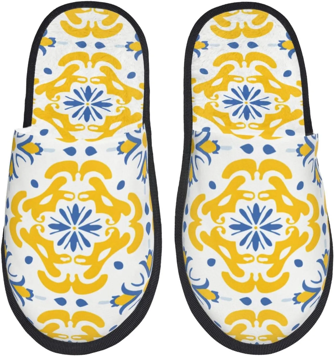 House Slippers For Women Men Indoor Slippers Non-Slip Fuzzy Slippers Yellow Ikat Moroccan Floral Tiles Pattern Winter Warm House Shoes