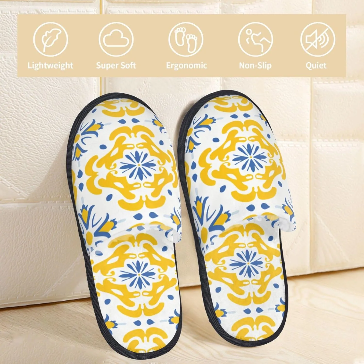 House Slippers For Women Men Indoor Slippers Non-Slip Fuzzy Slippers Yellow Ikat Moroccan Floral Tiles Pattern Winter Warm House Shoes