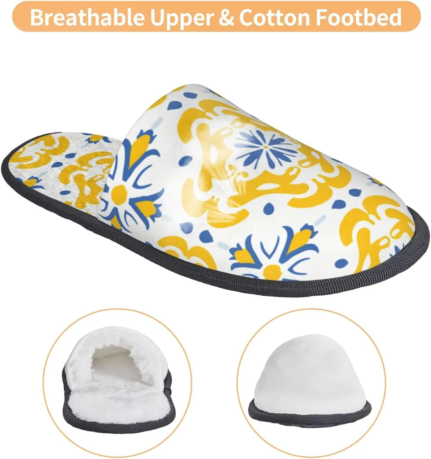 House Slippers For Women Men Indoor Slippers Non-Slip Fuzzy Slippers Yellow Ikat Moroccan Floral Tiles Pattern Winter Warm House Shoes