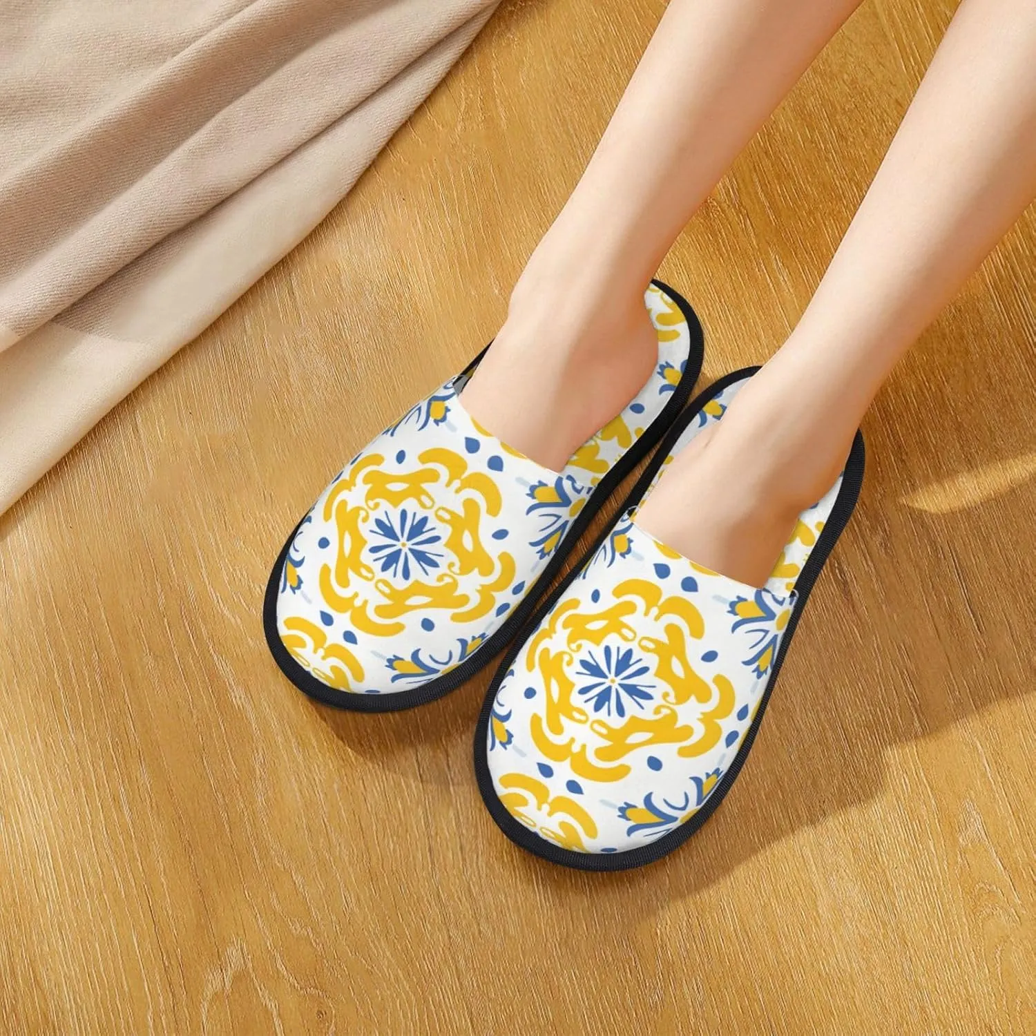 House Slippers For Women Men Indoor Slippers Non-Slip Fuzzy Slippers Yellow Ikat Moroccan Floral Tiles Pattern Winter Warm House Shoes