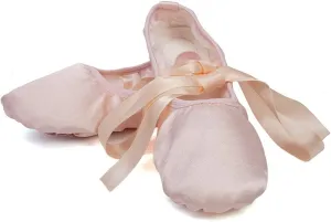 JUODVMP Girls Ballet Dance Shoes Satin Slippers Gymnastics Flats Split Sole with Ribbon,Model TJBLDM