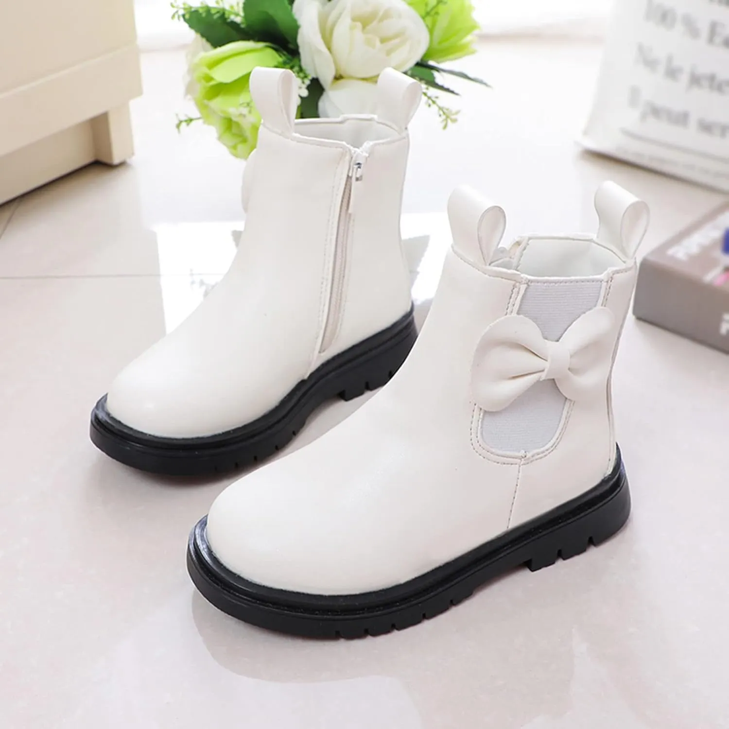 Kids Ankle Boots Little Girls Leather Short Boots Side Zipper Non Slip Nude Work Boots High Heel ombat Boots