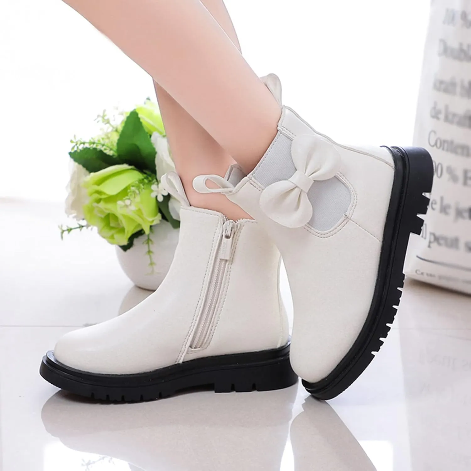 Kids Ankle Boots Little Girls Leather Short Boots Side Zipper Non Slip Nude Work Boots High Heel ombat Boots