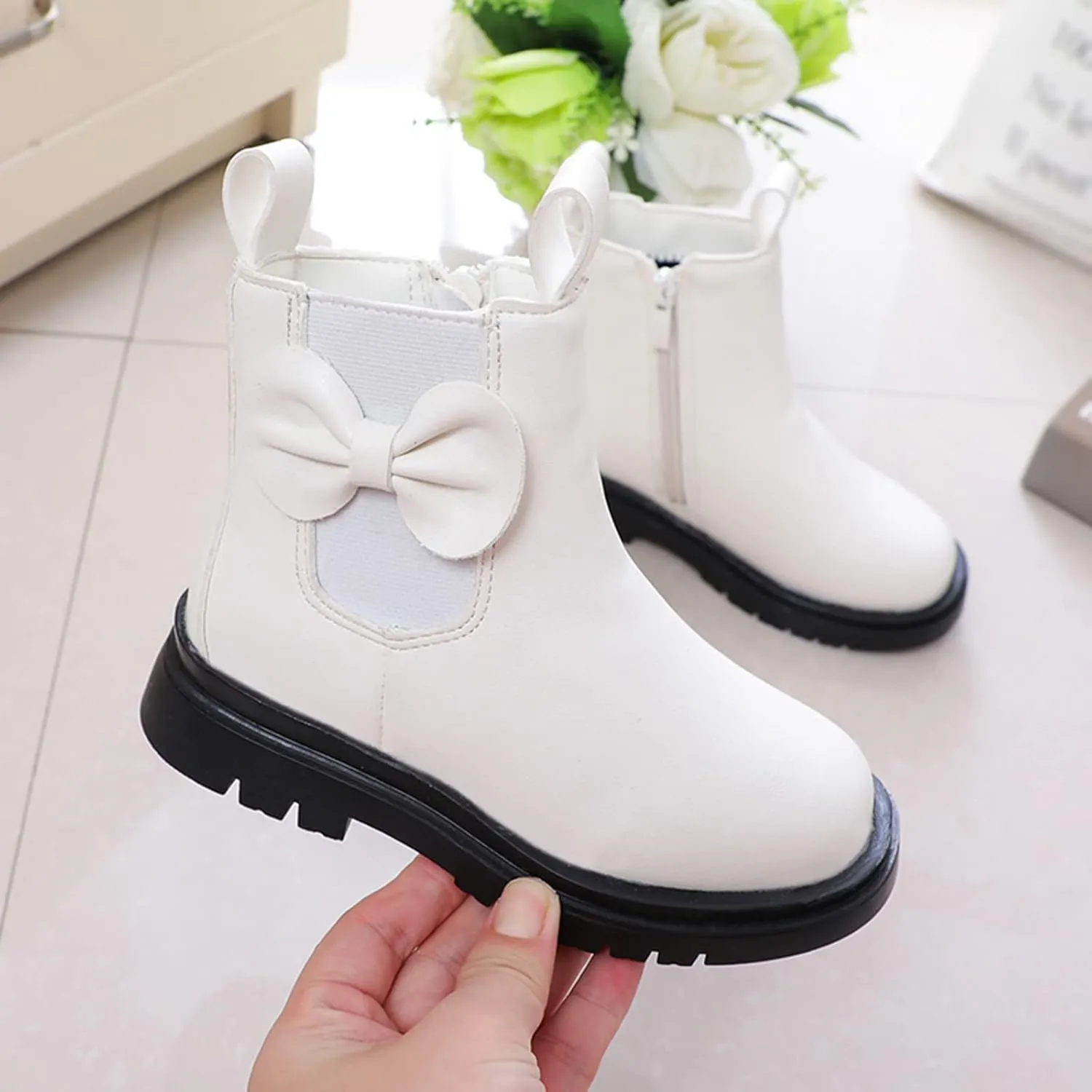 Kids Ankle Boots Little Girls Leather Short Boots Side Zipper Non Slip Nude Work Boots High Heel ombat Boots