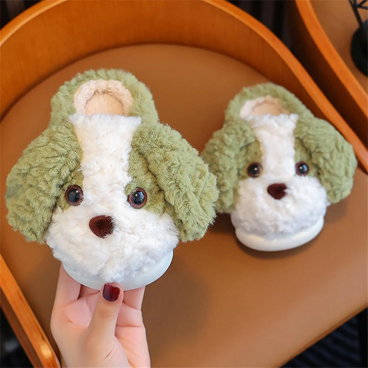 Kids Puppy Slippers Boys Girls Plush Non-Slip House Slippers Cute Cartoon Soft Wool Slip-On Shoes Indoor Wear
