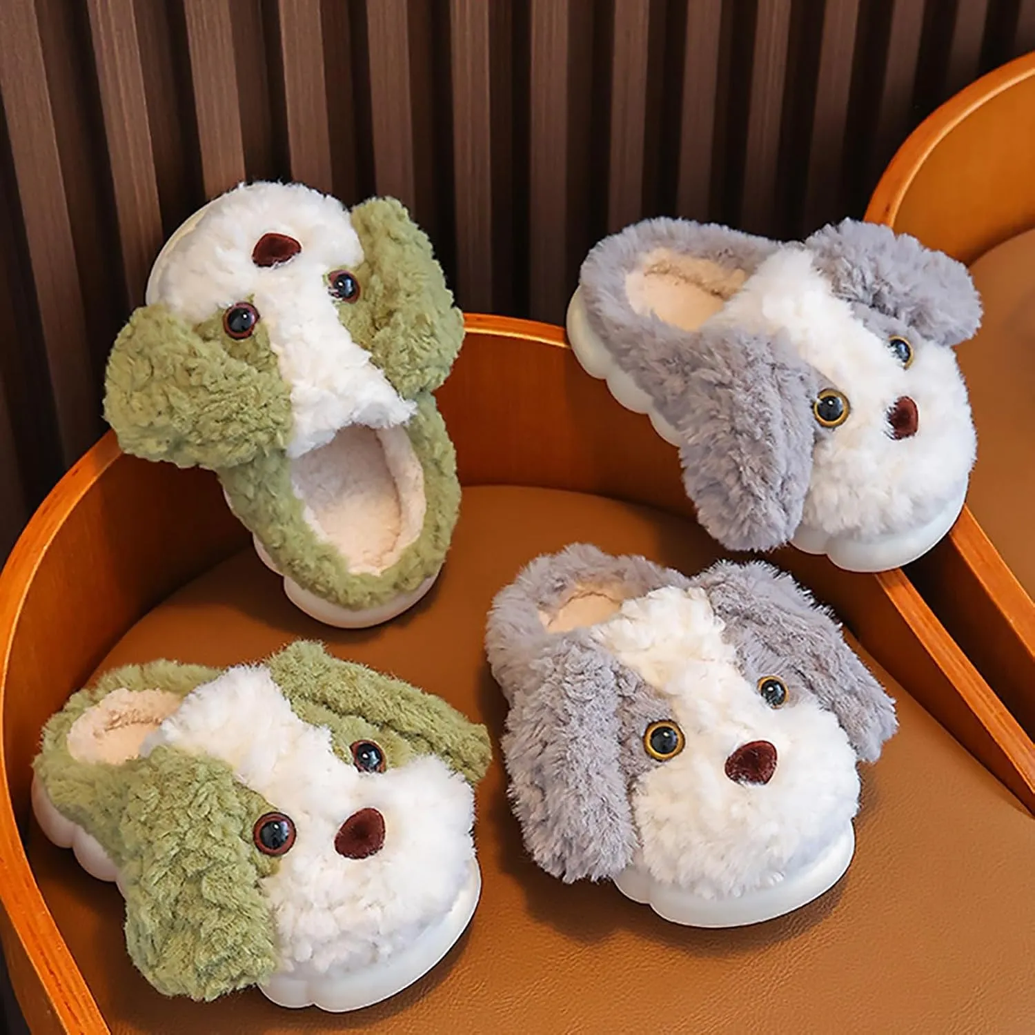 Kids Puppy Slippers Boys Girls Plush Non-Slip House Slippers Cute Cartoon Soft Wool Slip-On Shoes Indoor Wear