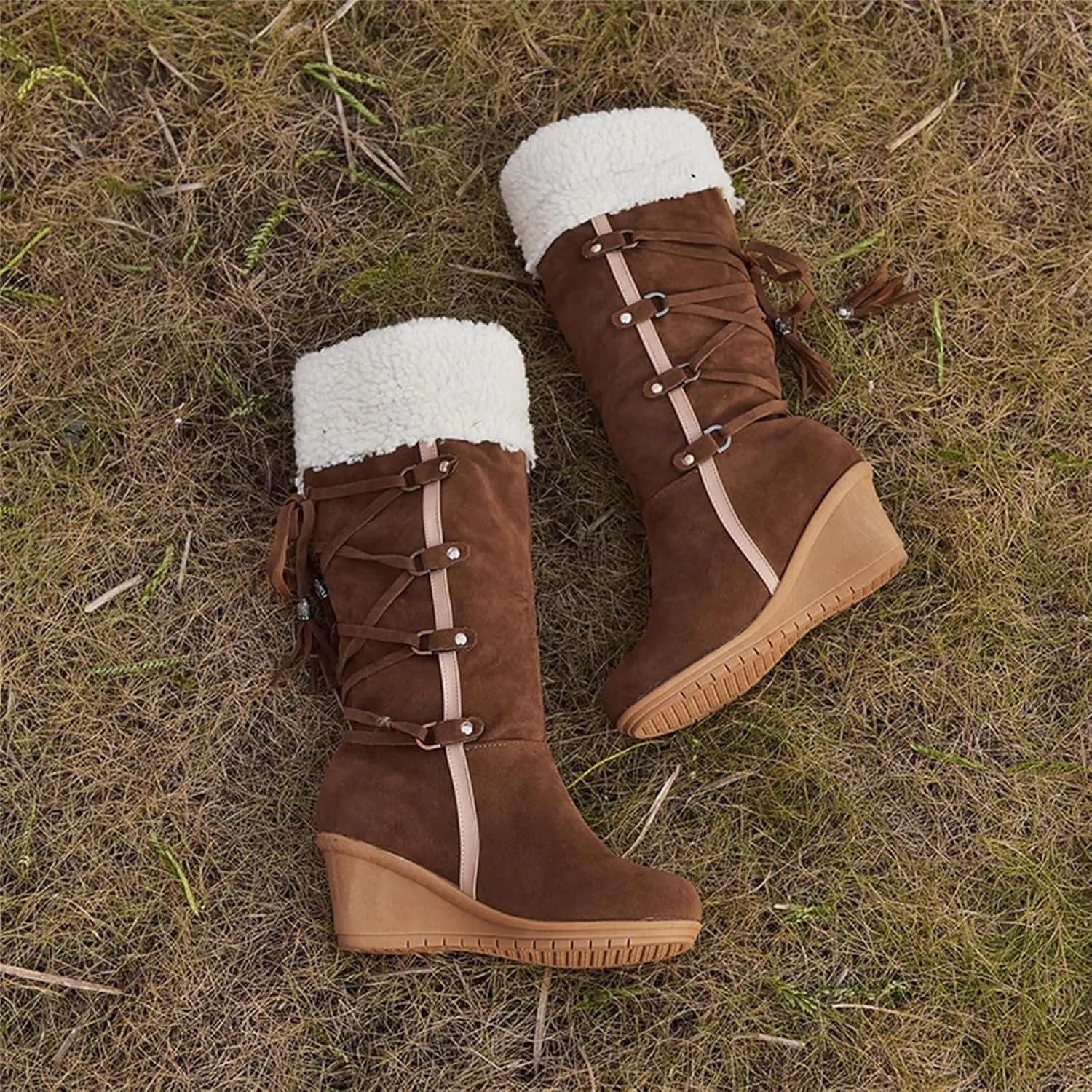 Ladmiple Winter Boots For Women Tall Mid Calf Warm Snow Boots Fashion Fur Lined Thickening Outdoor Comfort Walking Shoes
