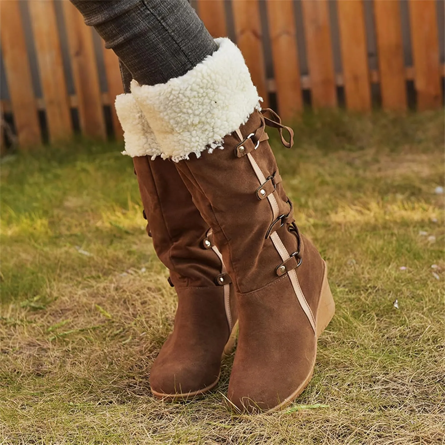 Ladmiple Winter Boots For Women Tall Mid Calf Warm Snow Boots Fashion Fur Lined Thickening Outdoor Comfort Walking Shoes