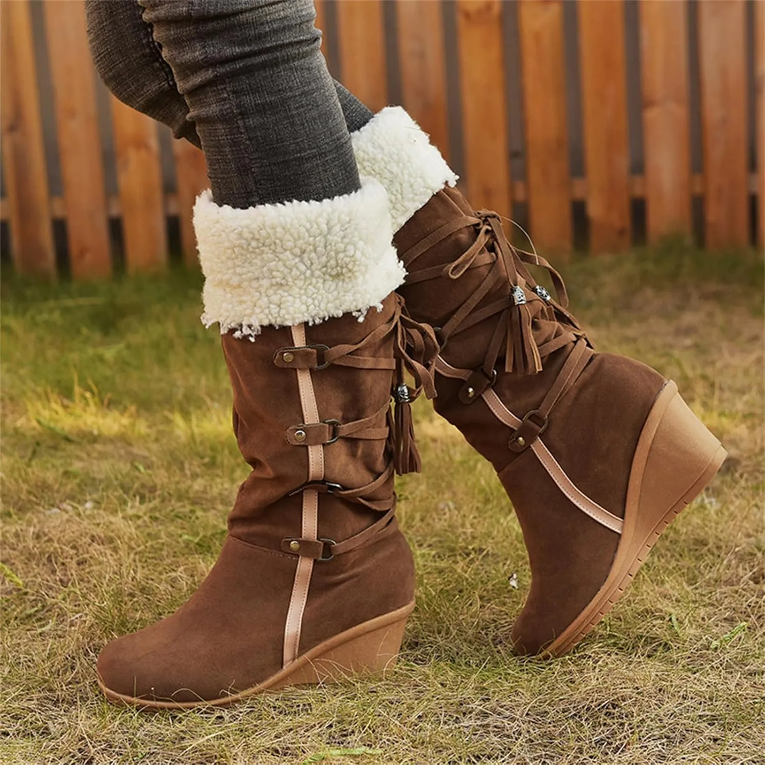 Ladmiple Winter Boots For Women Tall Mid Calf Warm Snow Boots Fashion Fur Lined Thickening Outdoor Comfort Walking Shoes