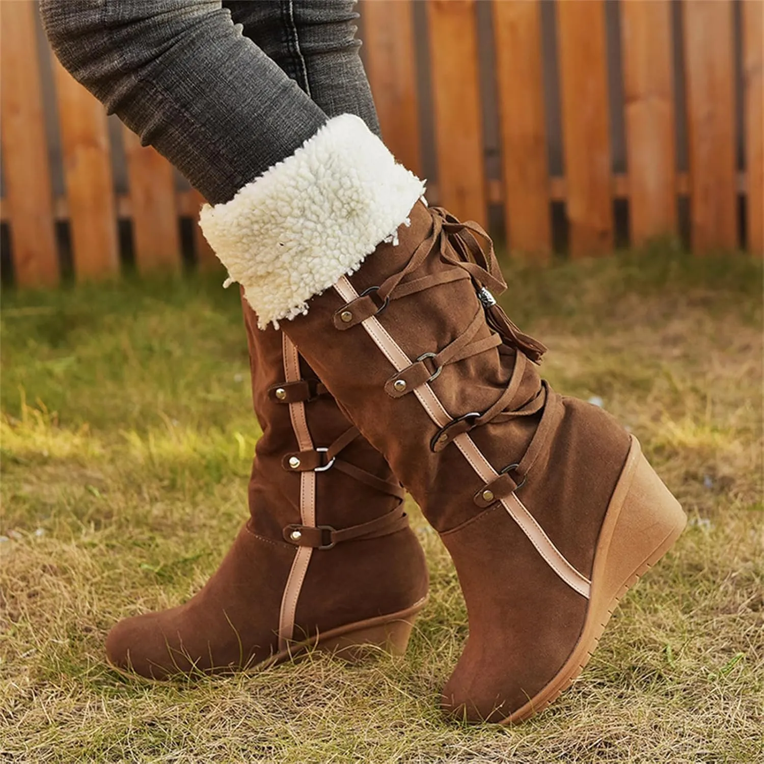 Ladmiple Winter Boots For Women Tall Mid Calf Warm Snow Boots Fashion Fur Lined Thickening Outdoor Comfort Walking Shoes