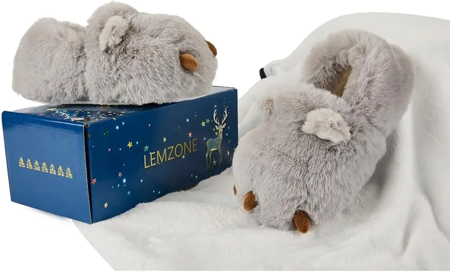 LEMZONE Fuzzy Animal Slippers for Women Cute Warm Furry Bear Paw Funny House Slippers with Non-skid Bottoms