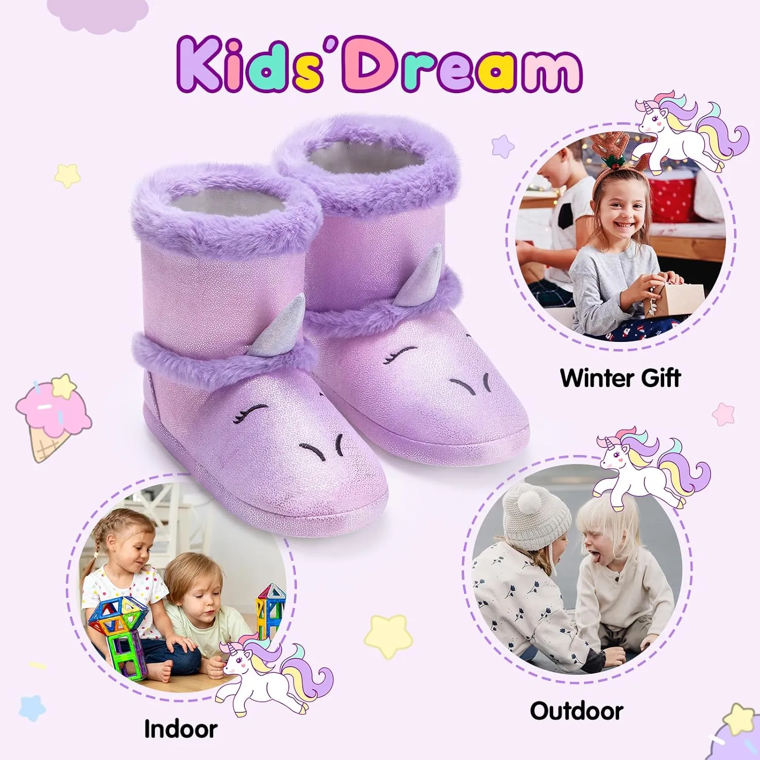 MEJORMEN Girls Unicorn House Slippers Cozy Plush Anti-Skid Indoor Outdoor House Shoes for Toddler Kid